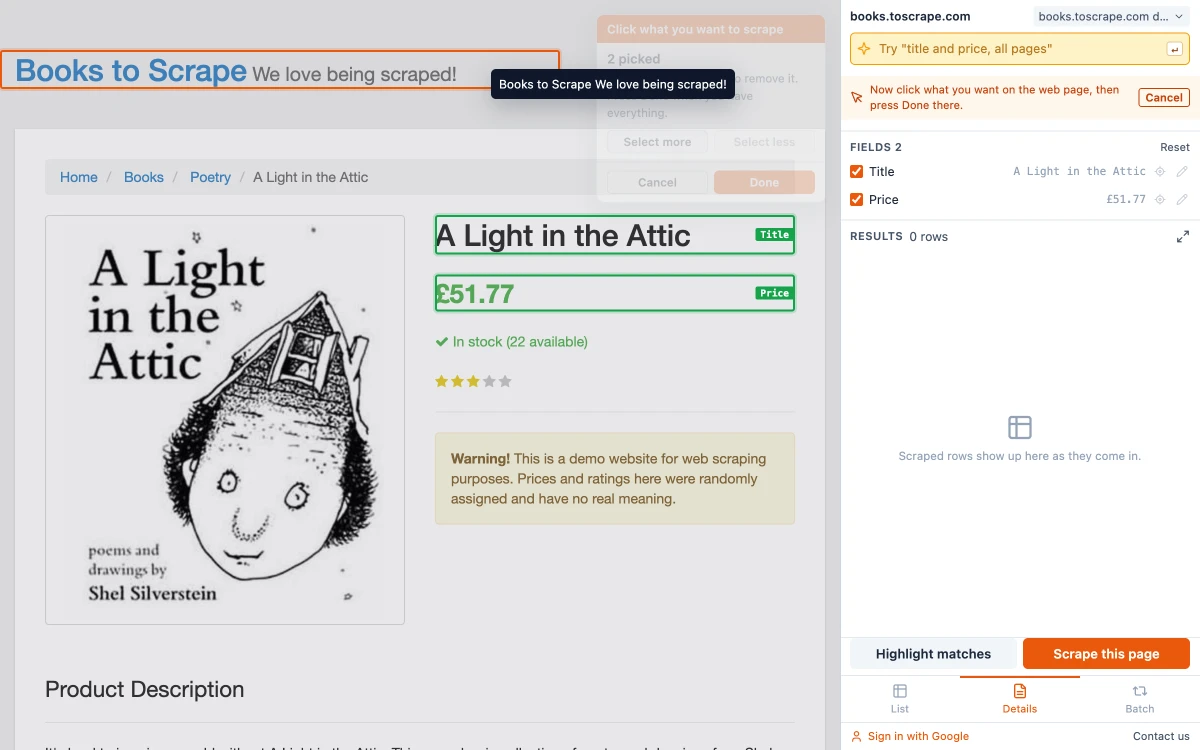 Picking fields on a book page: the title and price are outlined as picked, and the box on the page shows 2 picked