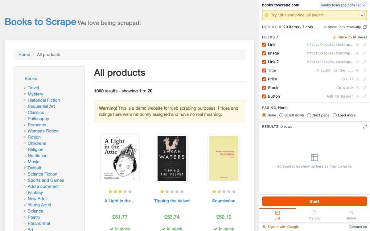 A grid of book cards detected as a list of 20 items with 7 columns